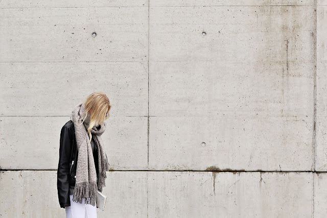 leather jacket and big scarf