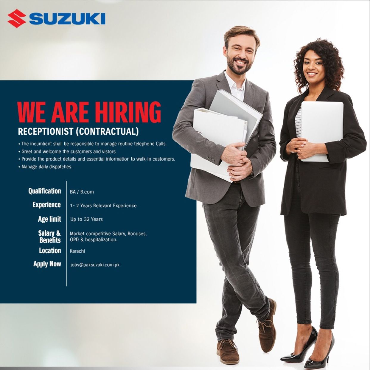 Pak Suzuki Motors Company Pvt Ltd Jobs For Receptionst(Contractual)