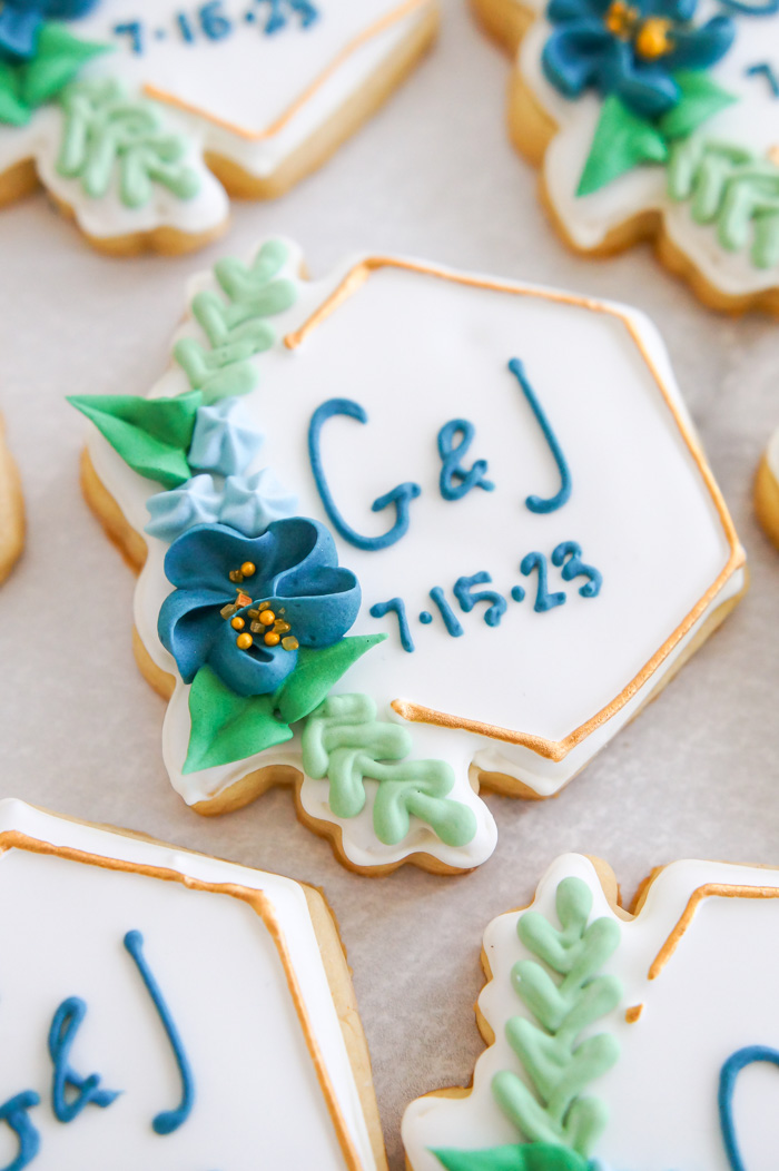 Navy and Gold Floral Monogram Wedding Cookies