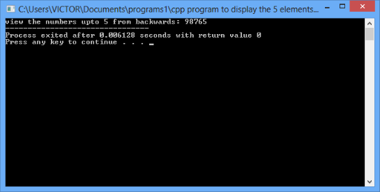 CPP program to display the 5 elements of an array of size 10 using loop from backwards
