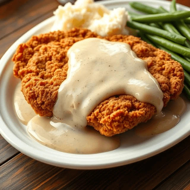 Classic Chicken Fried Steak with Country Gravy Crispy, golden-brown Chicken Fried Steak with creamy country gravy, mashed potatoes, and green beans