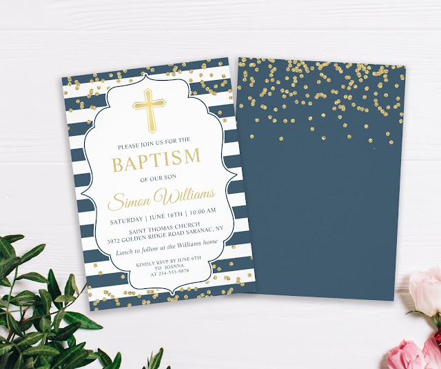  Gold Glitter Navy Blue Boy Baptism Invitation