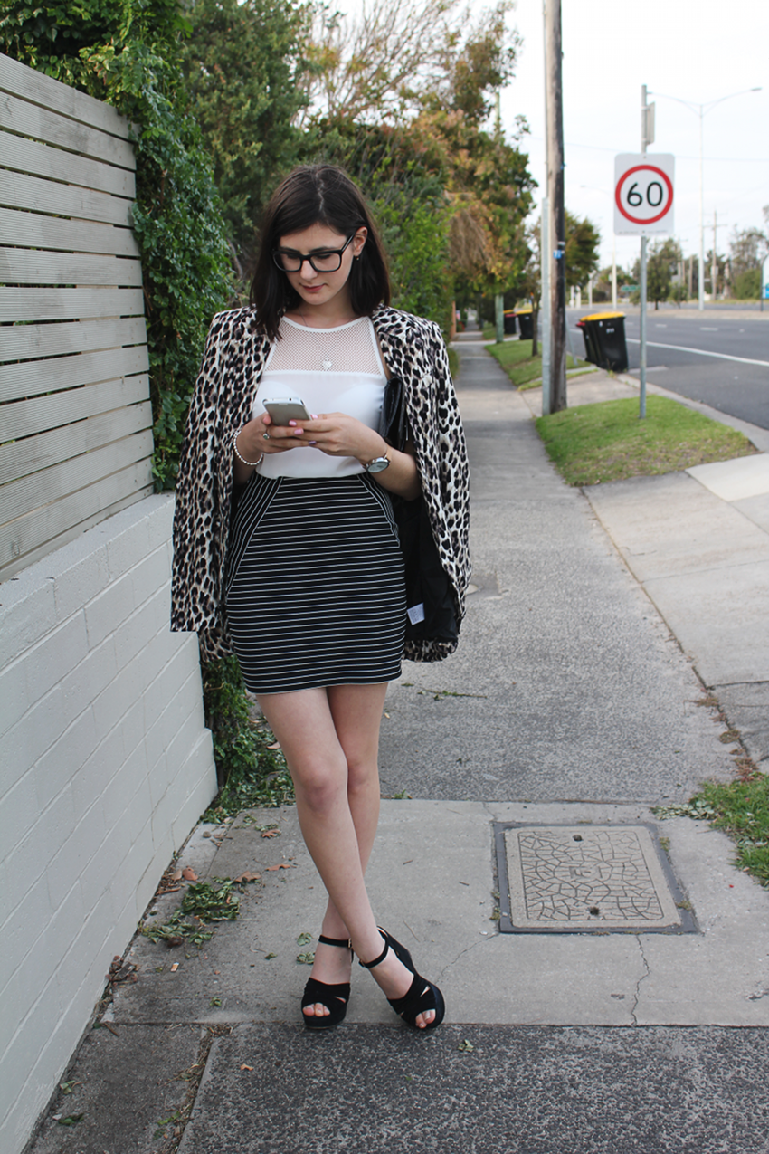 melbourne blogger, australian blogger, fashion blogger, trend, style, ivana petrovic, glasses, colette dinnigan, leopard print, leopard blazer, mesh, all white trend, ss 13/14, glassons, forever new, breton stripes, siren shoes, wedge sandals, work outfit inspiration, classy outfits, the horse watch