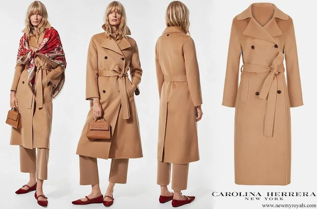 Queen Letizia wore Carolina Herrera double faced wool straight fit coat camel