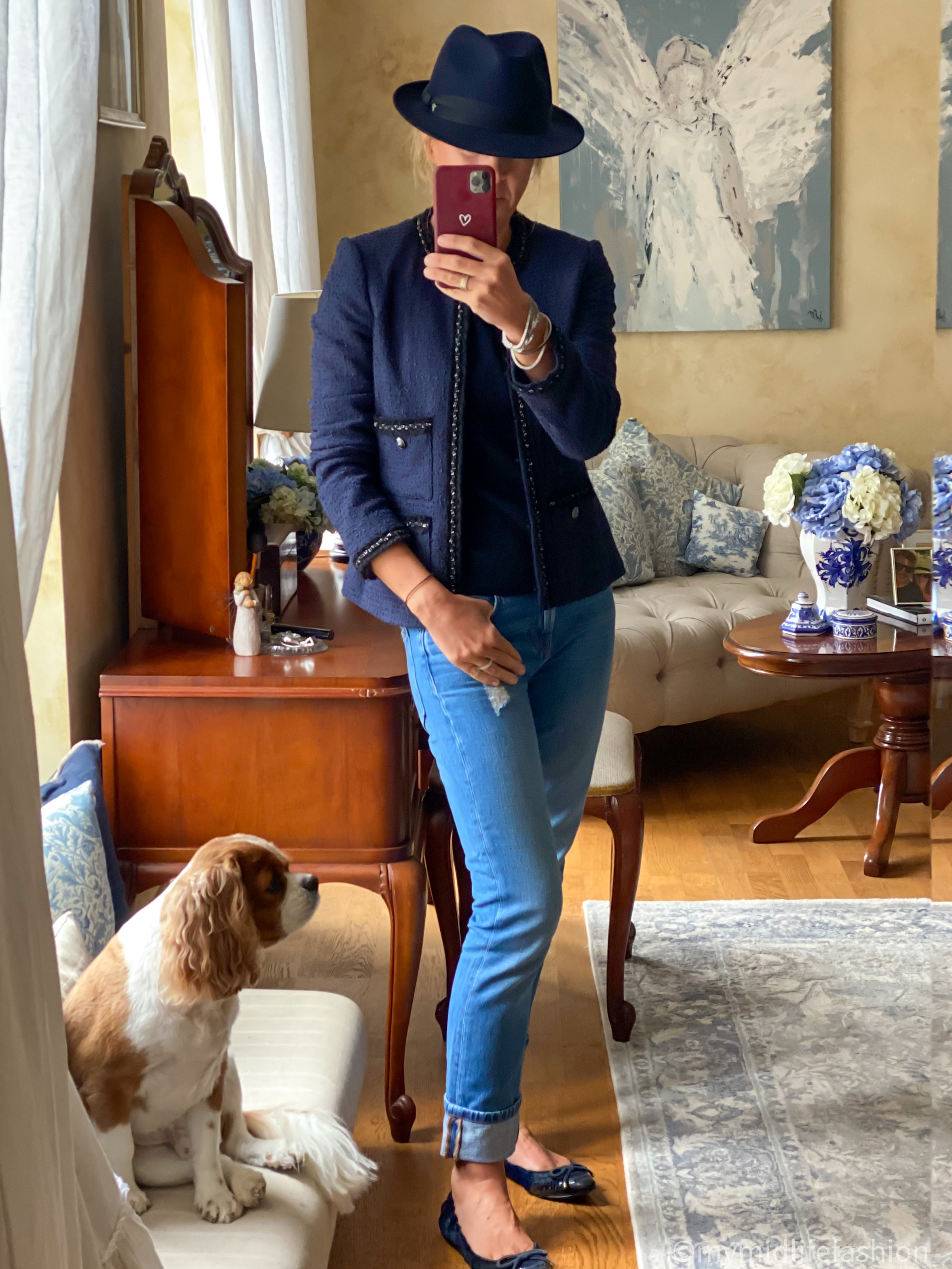 my midlife fashion, lk Bennett Charlee tweed jacket, marks and Spencer pure cashmere crew neck jumper, no 44 boyfriend jean, Burberry ballet pumps