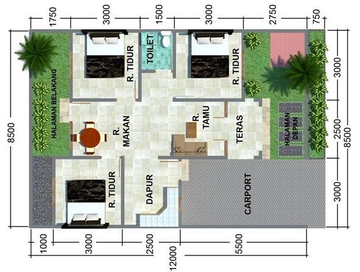 denah rumah minimalis 3 kamar modern
