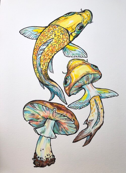 06-Mushroom-to-Koi-fish-Ink-Drawings-Noel-Badges-Pugh-www-designstack-co