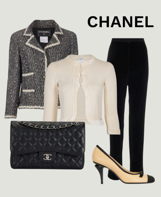 Collage of an outfit made from all preloved Chanel pieces. Outfit consists of: Chanel sequin cardigan, Chanel tweed long jacket, Chanel sparkly velvet trousers, Chanel bow pumps and Classic jumbo flap.