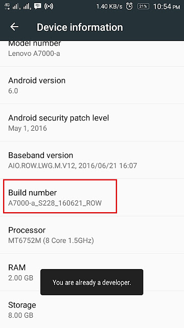 Developer option is a special feature for developers to test applications on their create with debug app features. In addition there are many more other features.     By default the developer option menu is hidden from the menu settings of the smartphone in all versions of android. Perhaps this is indeed in the allocation to the developers and also to avoid errors of use on regular users. Then, how to show the developer option?     Here I am using Lenovo A7000-a for testing. This device has an android operating system 6.0 Marshmallow. How to enable the Developer Option as follows: