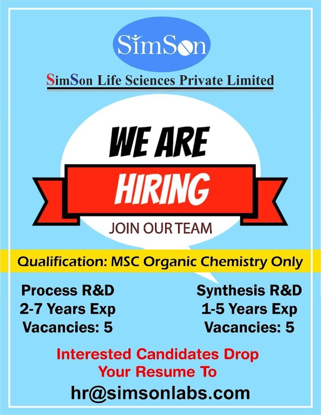 SimSon Lifesciences | Openings for Process R&D / Synthesis R&D | Send CV