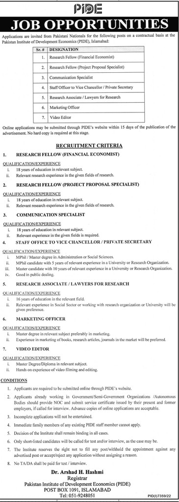 PIDE Islamabad Jobs 2023 [Apply Online]