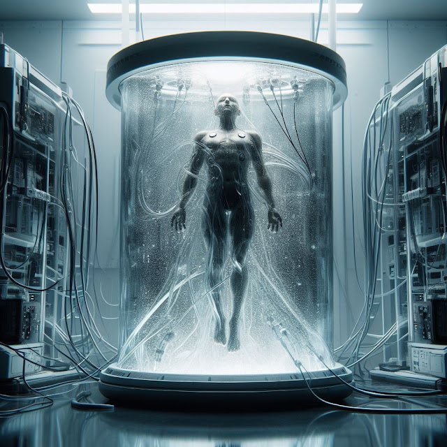 In the stark, sterile confines of a futuristic medical facility, a figure lies suspended within a transparent tank of shimmering fluid, their form eerily devoid of life. Electrodes, their fine wires snaking like tendrils, cling to their skin, their digital readouts a stark testament to the absence of life's vital signs. A faint hum emanates from the banks of machinery that flank the tank, a constant reminder that, despite the lifeless shell before them, this is not a corpse.