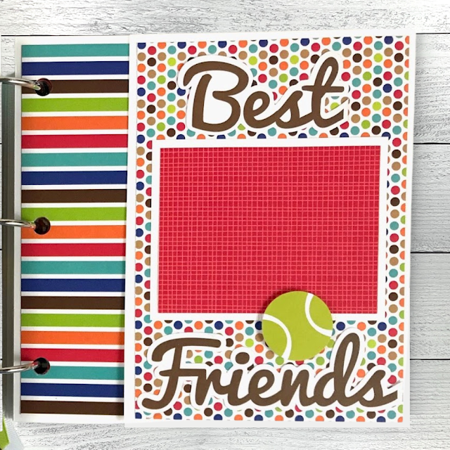 So Dog Gone Cute Scrapbook Mini Album Page with a tennis ball and lots of colorful polka dots and stripes