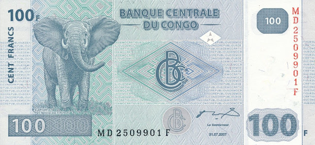 Congo Democratic Republic 100 Congolese francs banknote 2007 African Bush Elephant