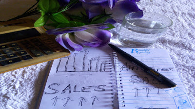 Calculator, purple flowers, glass of water, black pen on white notepad on work table.