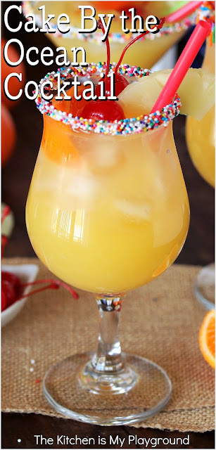 Cake By the Ocean Cocktail ~ With its fruity tropical flavors, cake vodka, & playful sprinkles rim, this summer cocktail is just plain fun to drink!  www.thekitchenismyplayground.com