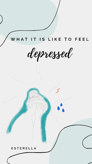 Outline of a woman with her hands in her face. Baby blue background with line decoration in the top left hand side corner and bottom right hand side corner. Text reading what it feels like to be depressed.