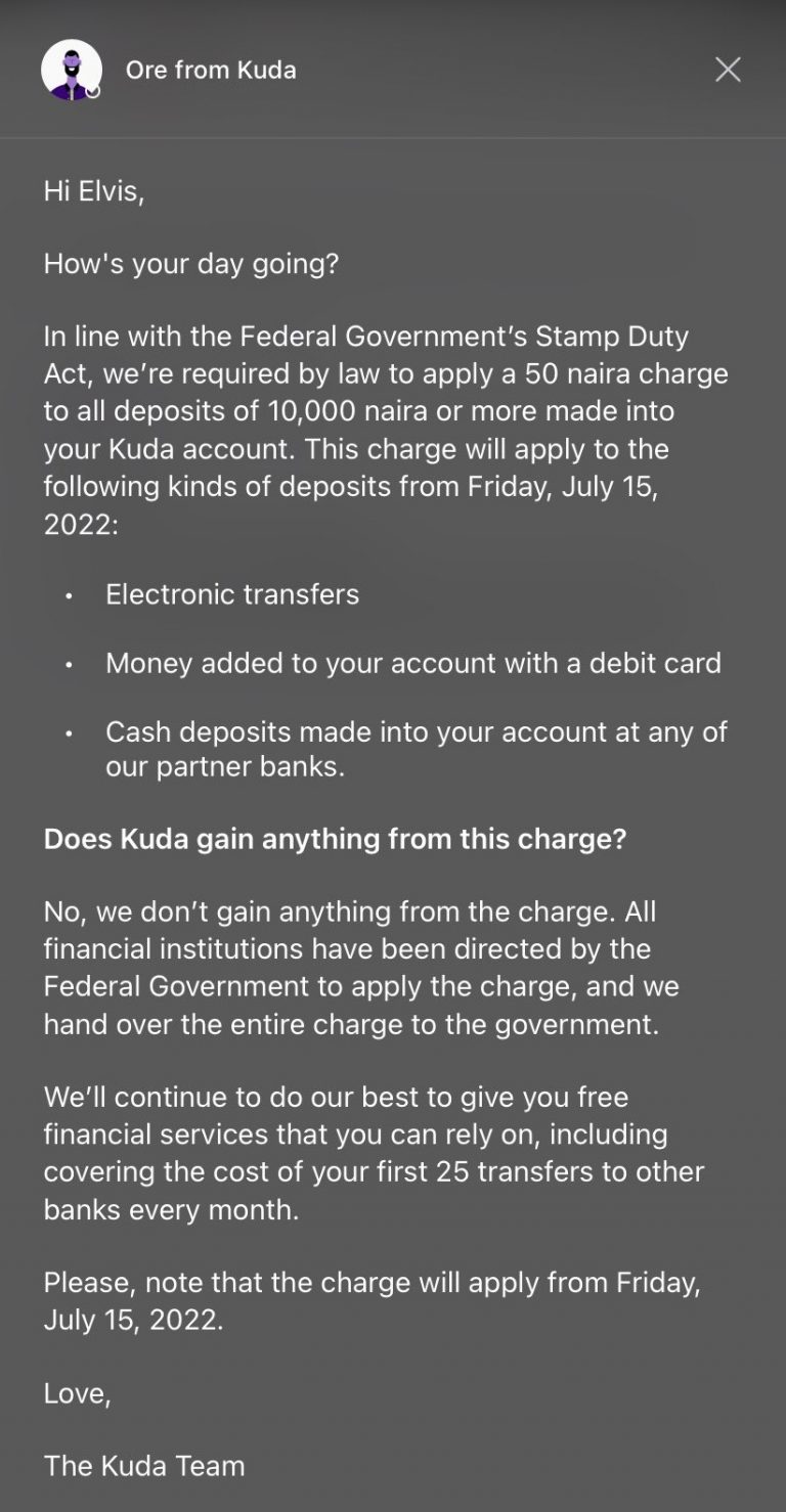 Kuda Bank Will Now Charge Customers N50 for Deposit of N10,000 and Above Effective July 15