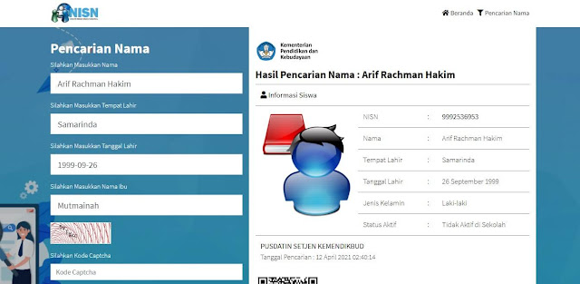 Hasil Pencarian NISN Online Melalui Website Kemendikbud