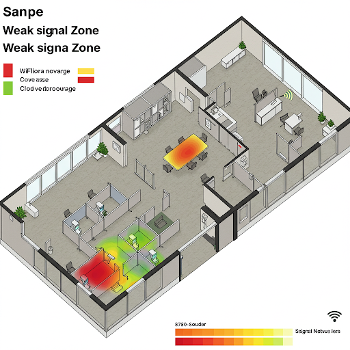 Fig 1. Sample WiFi heatmap visualization showing weak signal zones.