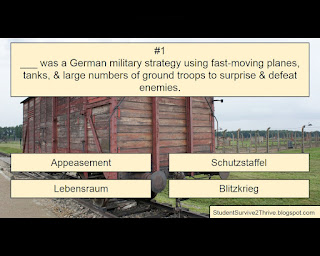 ___ was a German military strategy using fast-moving planes, tanks, & large numbers of ground troops to surprise & defeat enemies. Answer choices include: Appeasement, Schutzstaffel, Lebensraum, Blitzkrieg