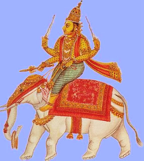 Indra, king of the gods, weilder of the thunderbolt, riding his white elephant; South Indian painting.
