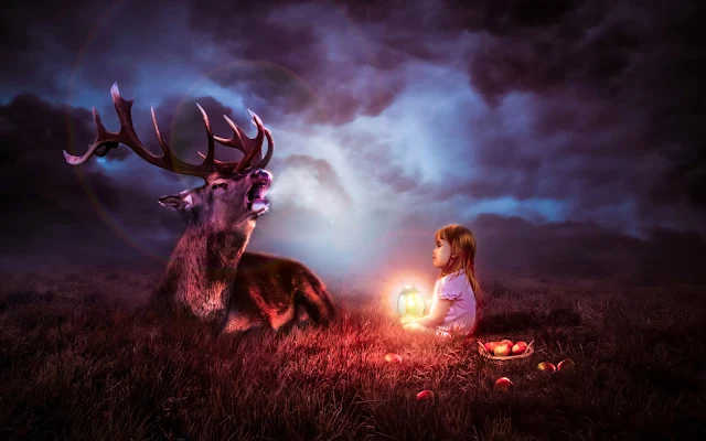 Fantasy Deer Night Child Lantern wallpaper. Click on the image above to download for HD, Widescreen, Ultra HD desktop monitors, Android, Apple iPhone mobiles, tablets.