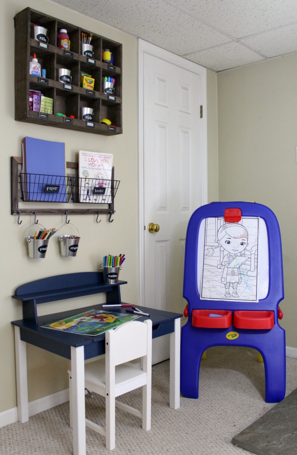 Organized art station for kid's art and craft supplies