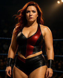 Curvy female wrestler in red and black gear standing confidently in the ring
