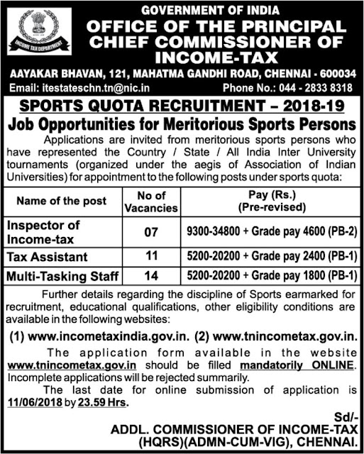 MTS, Tax Assistant, Inspector Vacancy in Income Tax Office, Chennai (32 posts-Sports Quota) - Notification May 19, 2018