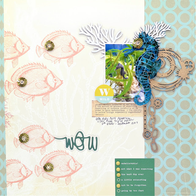 Aquarium Themed Scrapbook Layout with Chipboard Seahorse Coral and Grungy Gears Corner Embellishments