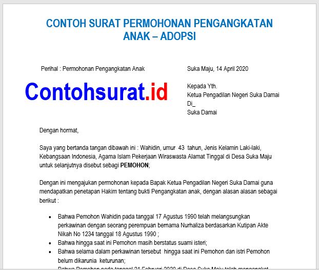 Contoh Surat Permohonan Pengangkatan Anak Adopsi Contoh Surat