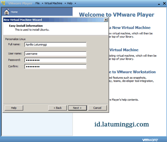 Memasukkan nama lengkap, username dan password saat instal Ubuntu di VMware