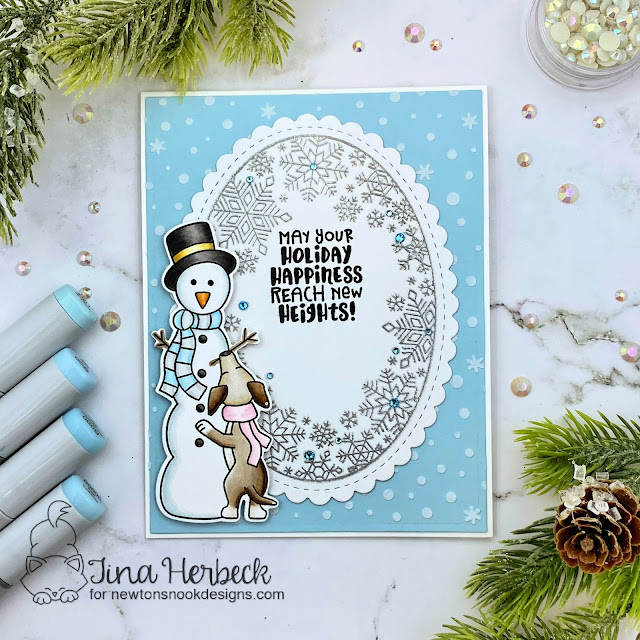 Snowflake Card with Dog and Snowman by Tina Herbeck | Snowflake Oval Stamp Set, Oval Frames Die Set, Holiday Heights Stamp Set and Petite Snow Stencil by Newton's Nook Design