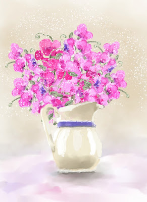 Image shows pink and mauve watercolour sweet pea flowers in a large cream jug.