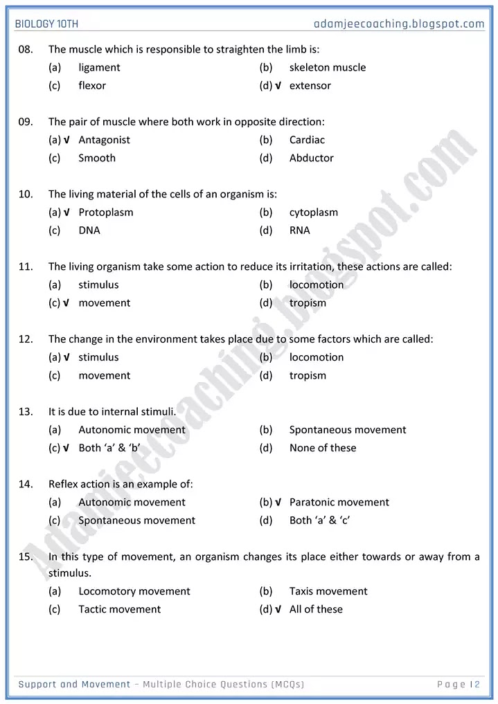 support-and-movement-mcqs-biology-10th