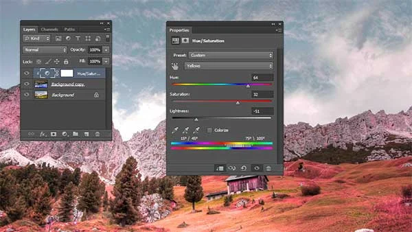 Drag the Hue, the Saturation and the Lightness slider to darken the sky.