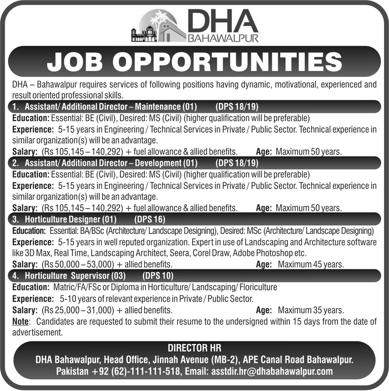 “Latest  Jobs in DHA Bahawalpur 2021”. Latest Jobs in DHA Bahawalpur published today in daily Nawaiqat Newspaper for jobs in DHA Bahawalpur 2021.  DHA Bhawalpur invites suitable candidates are Assistan/Additional Director- Maintenance,  Assistant/Additional Director-Development and Horticulture Designer.