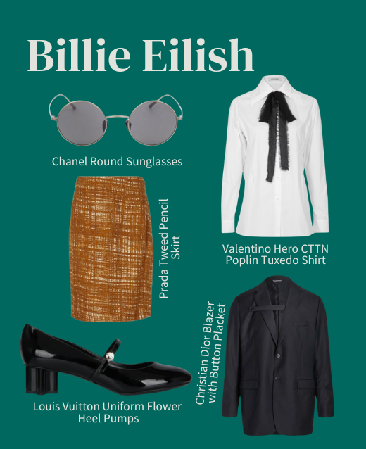 Collage of designer items on London green backdrop, items include heeled loafers, oversized blazer, white shirt and round sunglasses.