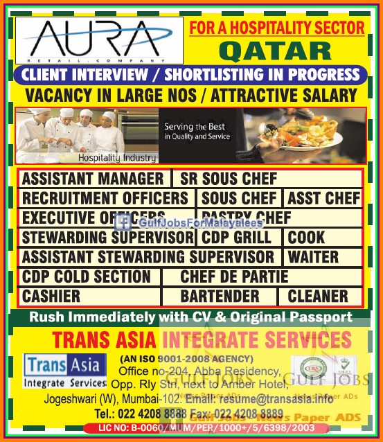 Qatar hospitality sector job vacancies