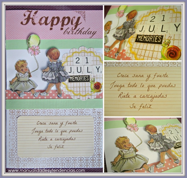Scrapbooking Tarjeta felicitación infantil vintage /Vintage  Birthday card for a baby / Carte d'anniversaire pour bebé