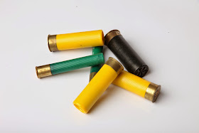 Several gauges of shotgun shells on a white background