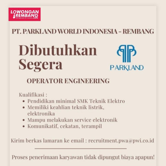 Lowongan Kerja Pegawai Operator Engineering Pabrik Sepatu Adidas PT Parkland World Indonesia Rembang