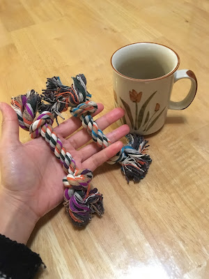 2 tiny rope toys are held in an open hand next to a coffee mug for scale. They are only slightly bigger than the hand.