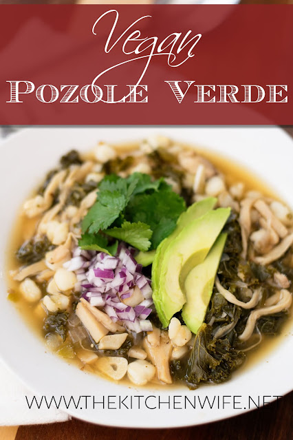 The Easy Vegan Pozole Recipe in a white bowl with the title above.