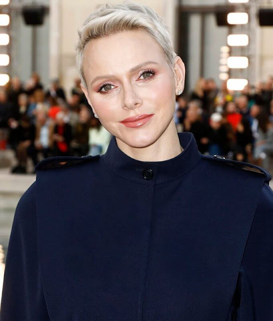 Princess Charlene wore an outfit, dark blue jacket and trouser, from Akris' new spring-summer 2023 collection