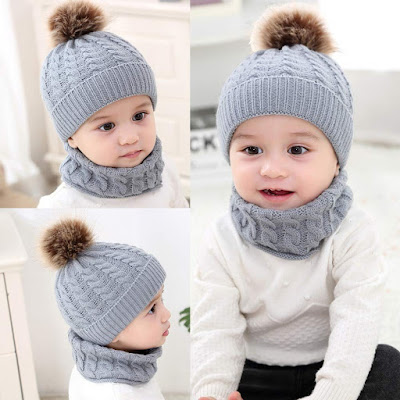 Ziory 2Pcs Grey Warm Hat + Knitted Scarf Set Earflap Caps for Baby Boys and Baby Girls