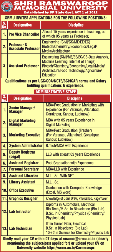 Deputy Registrar (Legal) and Various Law faculty posts at Shri RamSwaroop Memorial University, Lucknow - last date 13/08/2019