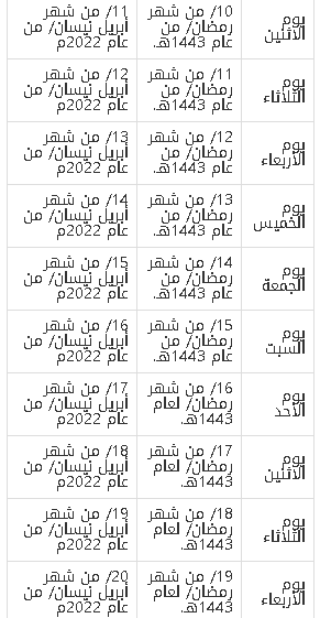 تقويم شهر رمضان لهذا العام 1443