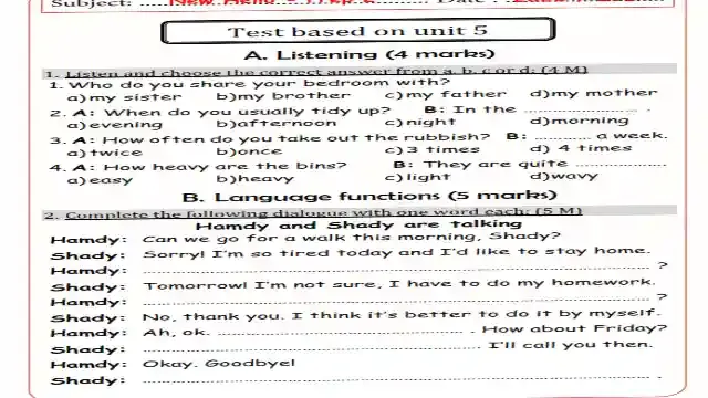 اجمل امتحان لغة انجليزية على الوحدة الخامسة للصف الثاني الاعدادى الترم الاول 2025 مطابق للمواصفات